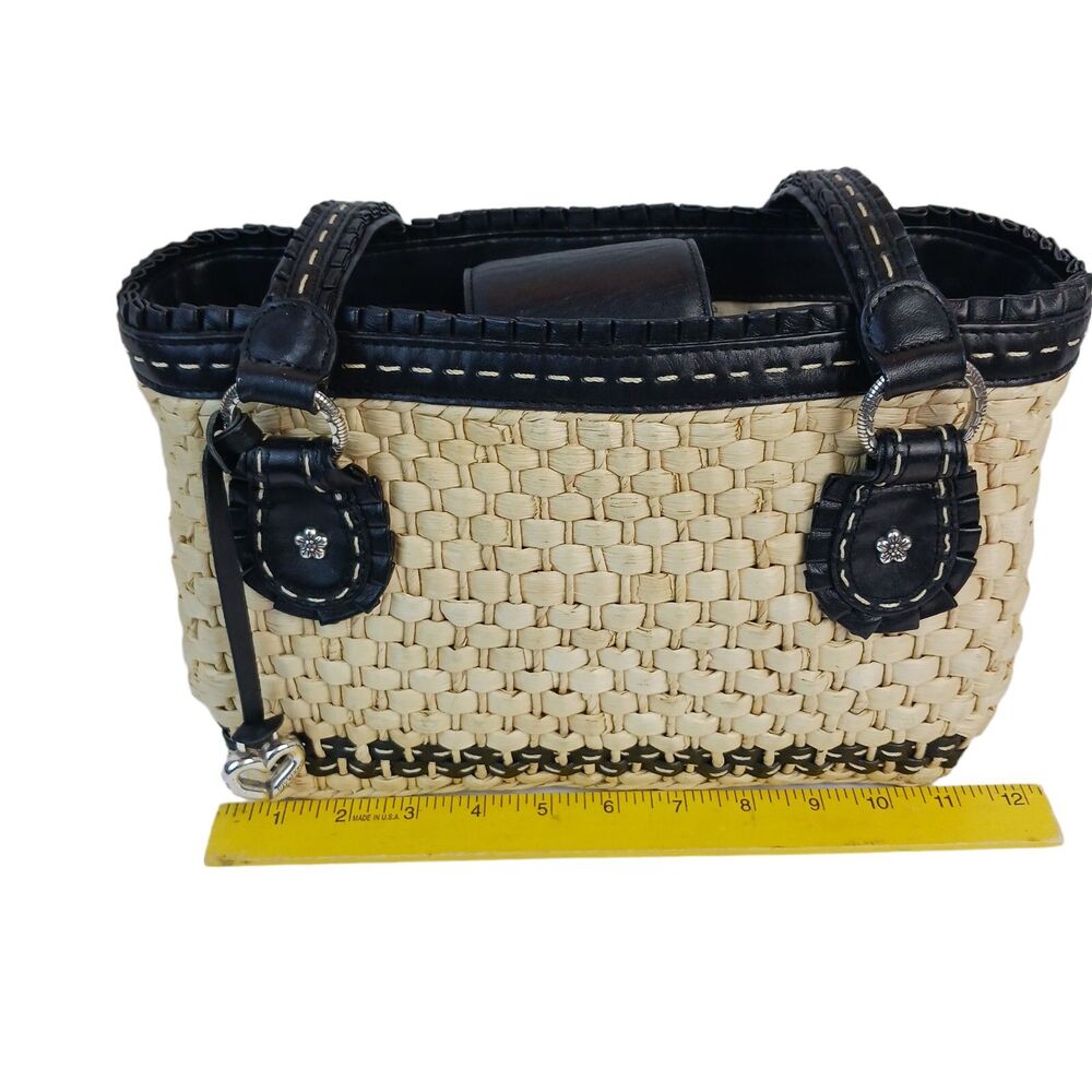 Brighton Straw Raffia Woven Handbag Black Ruffle Double Strap Tote Shopper Purse - Picture 11 of 16